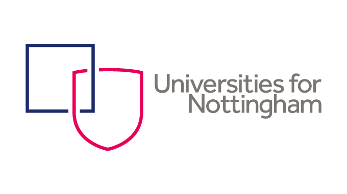 Universities for Nottingham logo with the words on and two interlacing shapes of a square and a shield